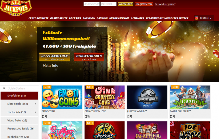 All Jackpots Casino Webauftritt
